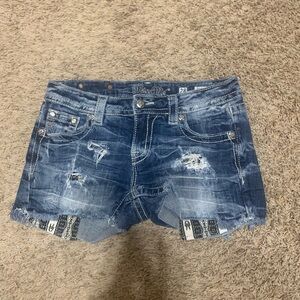 Miss Me Blue Distressed Denim Cutoff Shorts with Fringe Trim